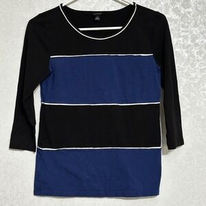 Ann Taylor Colorblock 3/4 Sleeve Top Black Blue White Piping‎ Nautical Preppy XS
